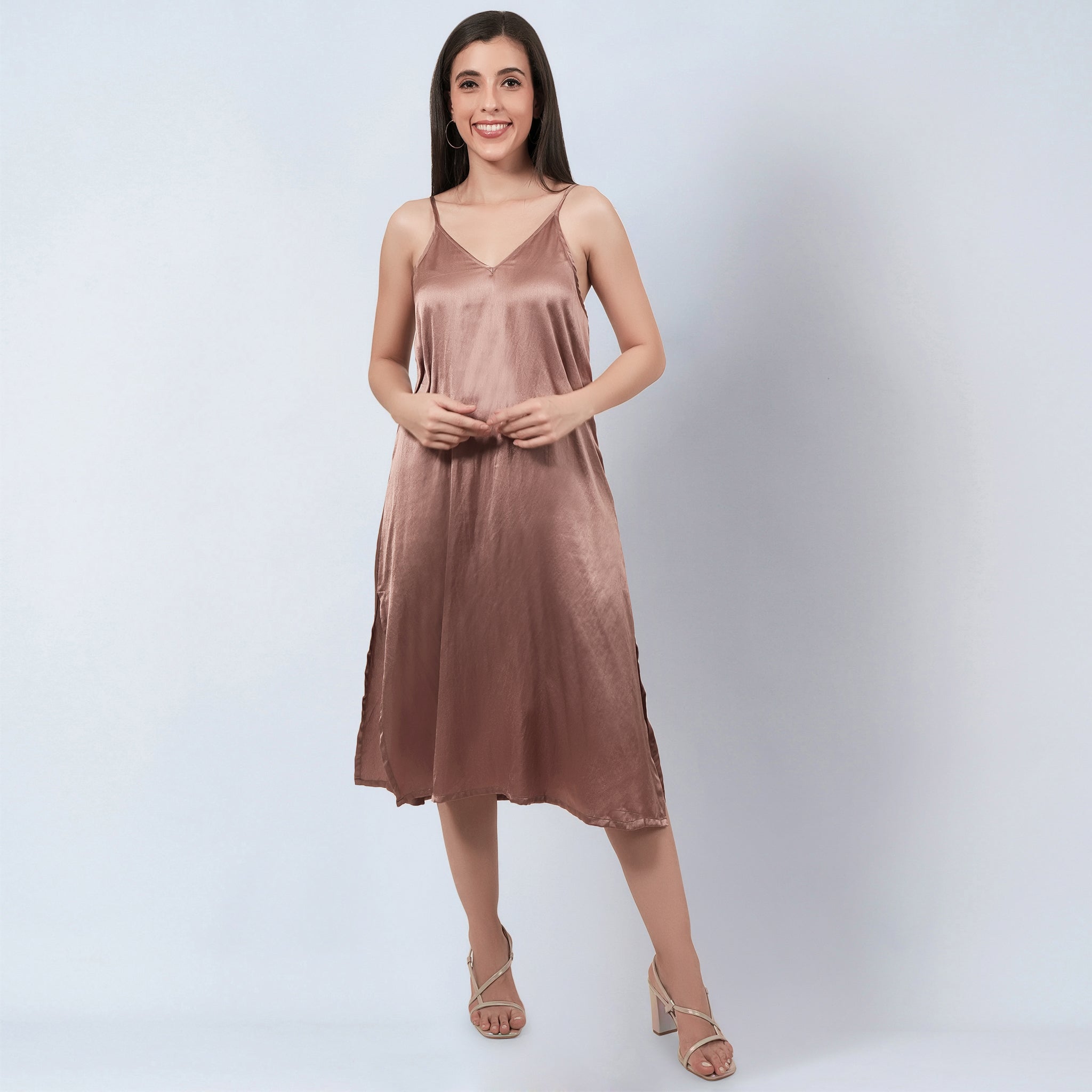 Brown A-Line Dress with Bead Lace Detail with Slip