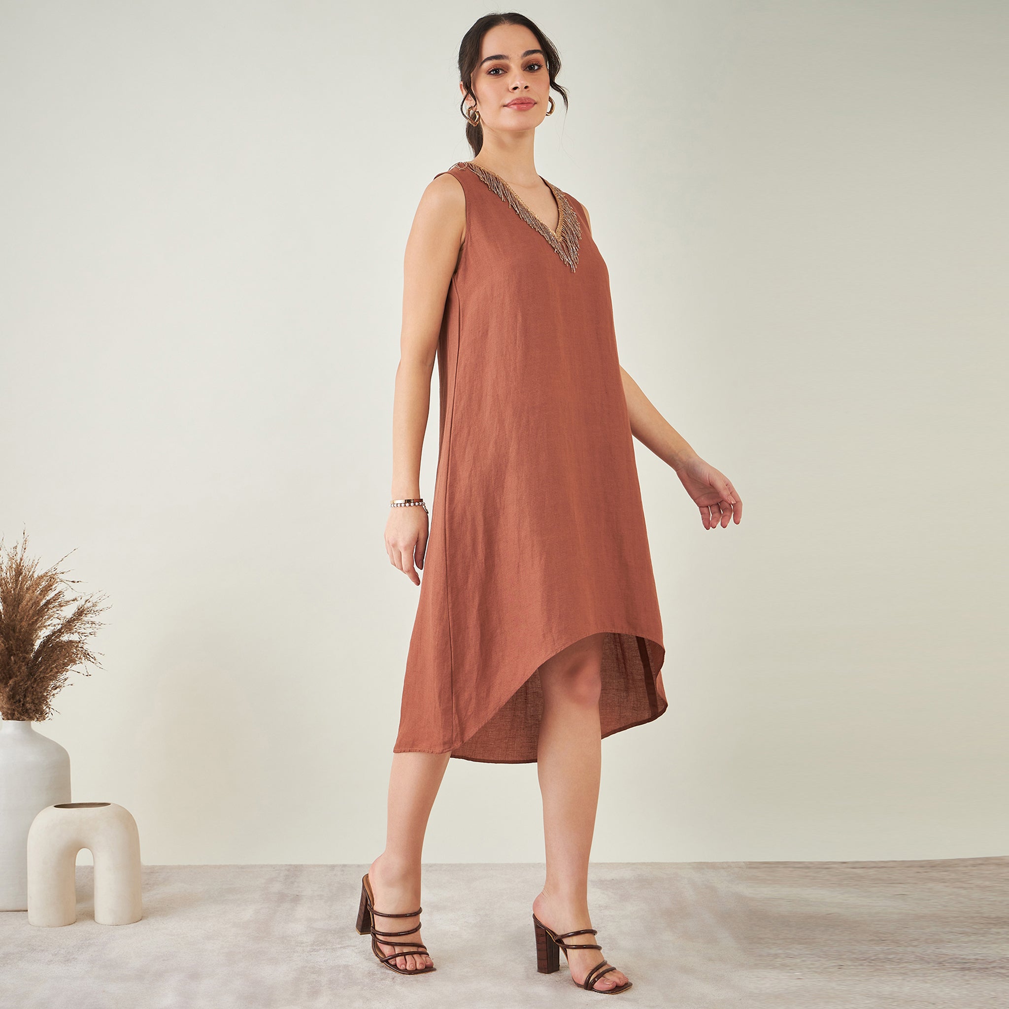 Brown A-Line Linen Dress with Cut Dana Lace Detail
