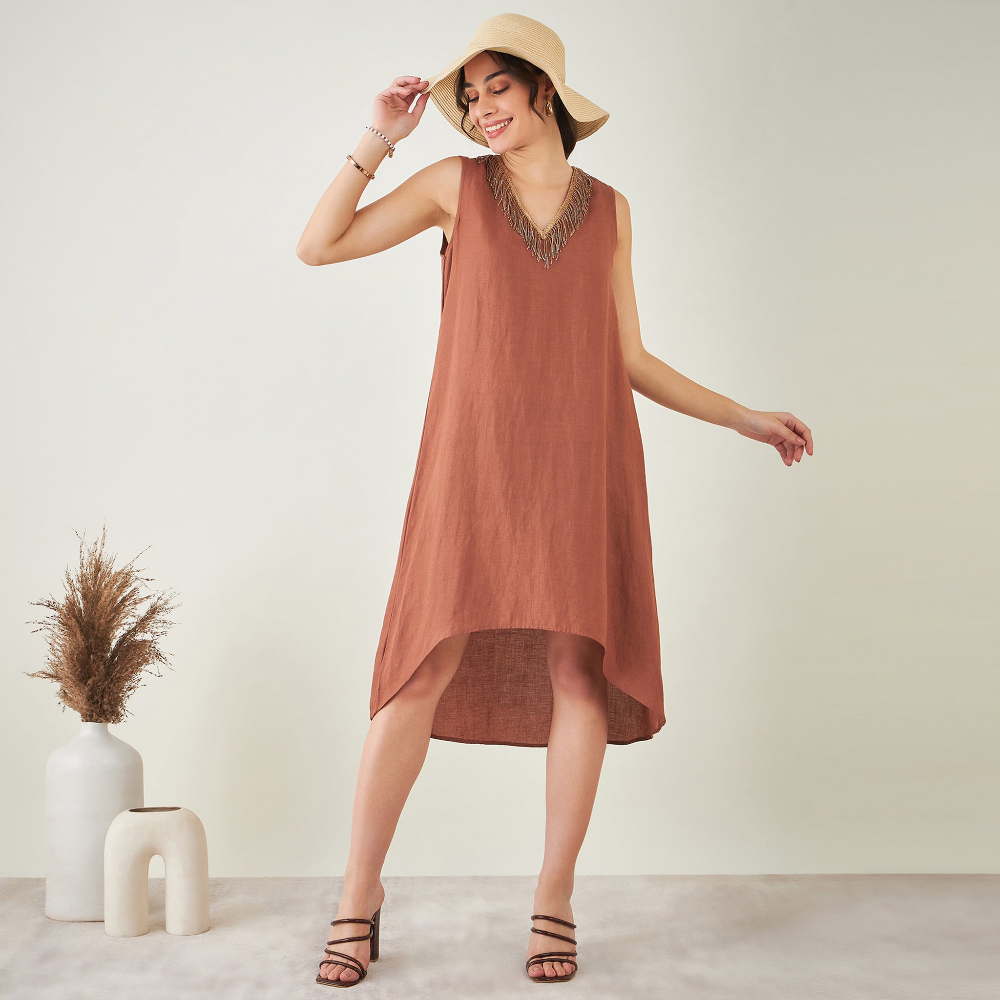 Brown A-Line Linen Dress with Cut Dana Lace Detail