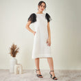 Load image into Gallery viewer, Off-White Linen Dress with Black Net Sleeves
