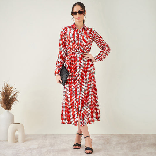 Red and White Geometric Print Shirt Dress with Belt