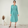 Load image into Gallery viewer, Turquoise and White Geometric Print Shirt Dress with Belt
