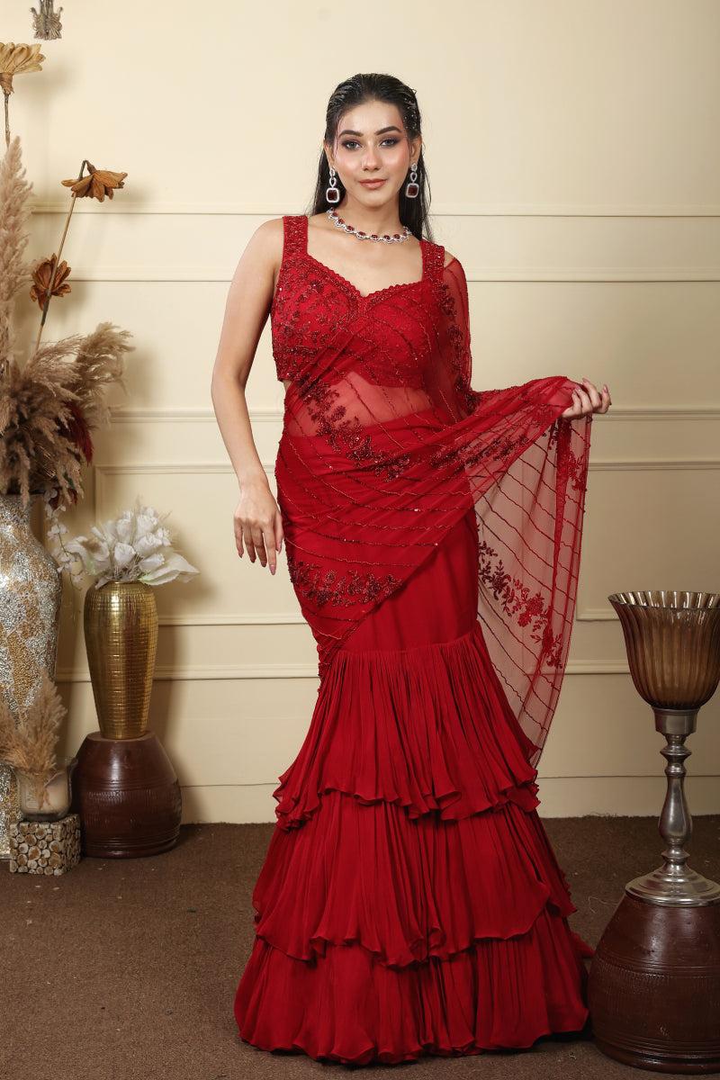Red Layered Lehenga With Detachable Drape