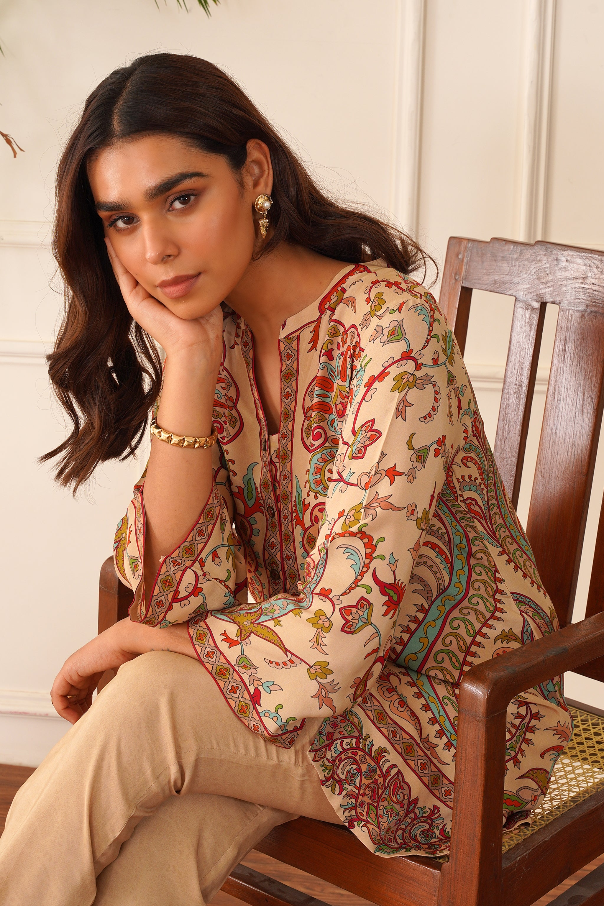 Beige Printed Crepe Set- Inchingindia