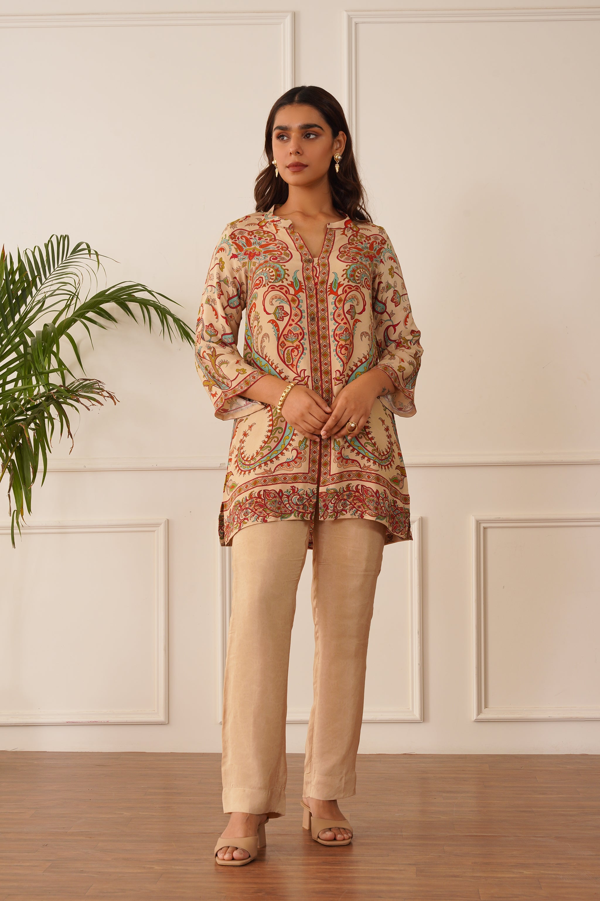 Beige Printed Crepe Set- Inchingindia
