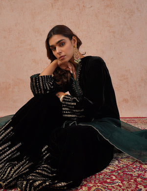 Black Velvet Embroidered Sharara Set- Inching India