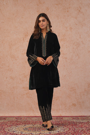 Regal Black Velvet Embroidered Set- Inching India