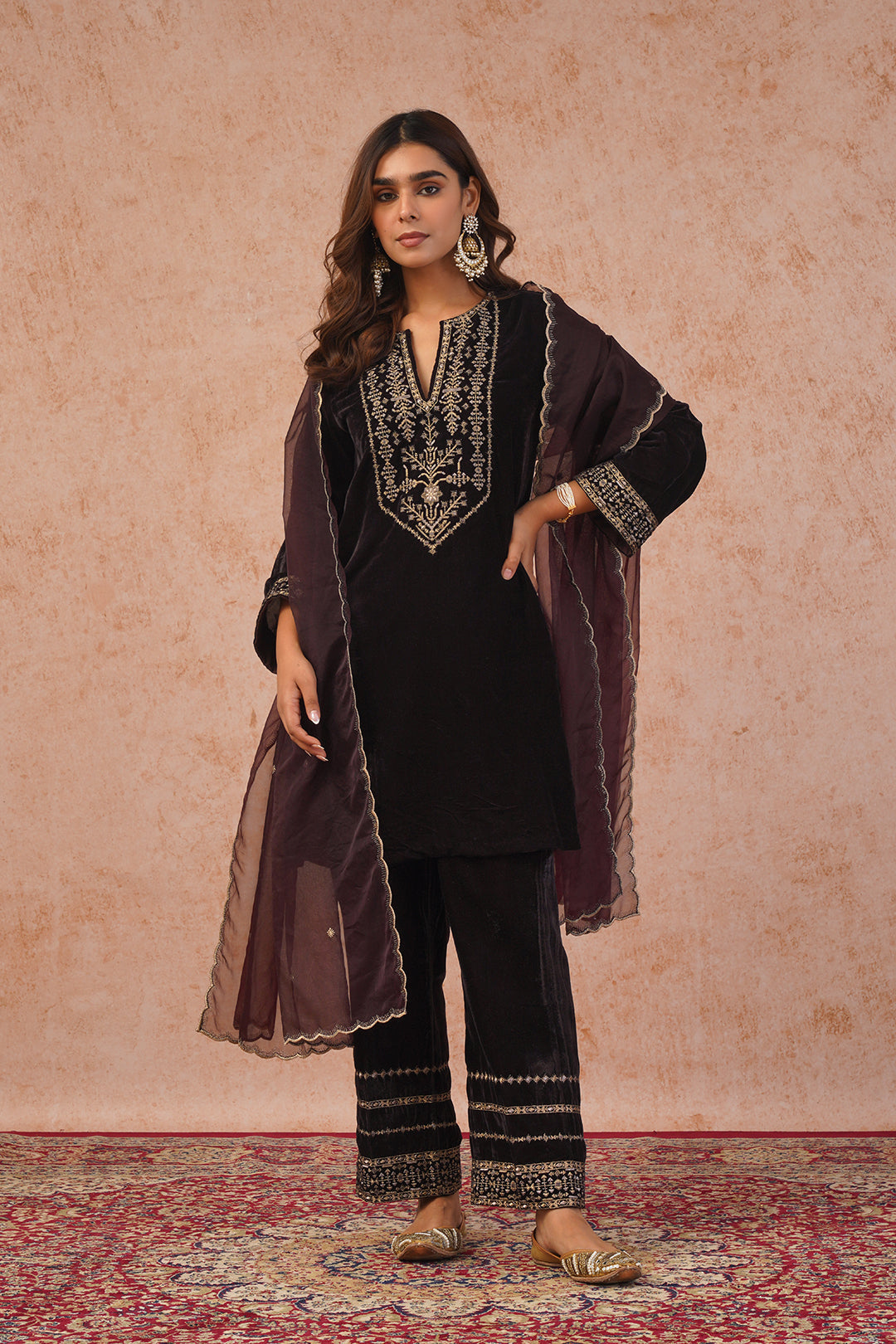  Regal Brown Velvet Suit Set With Dupatta