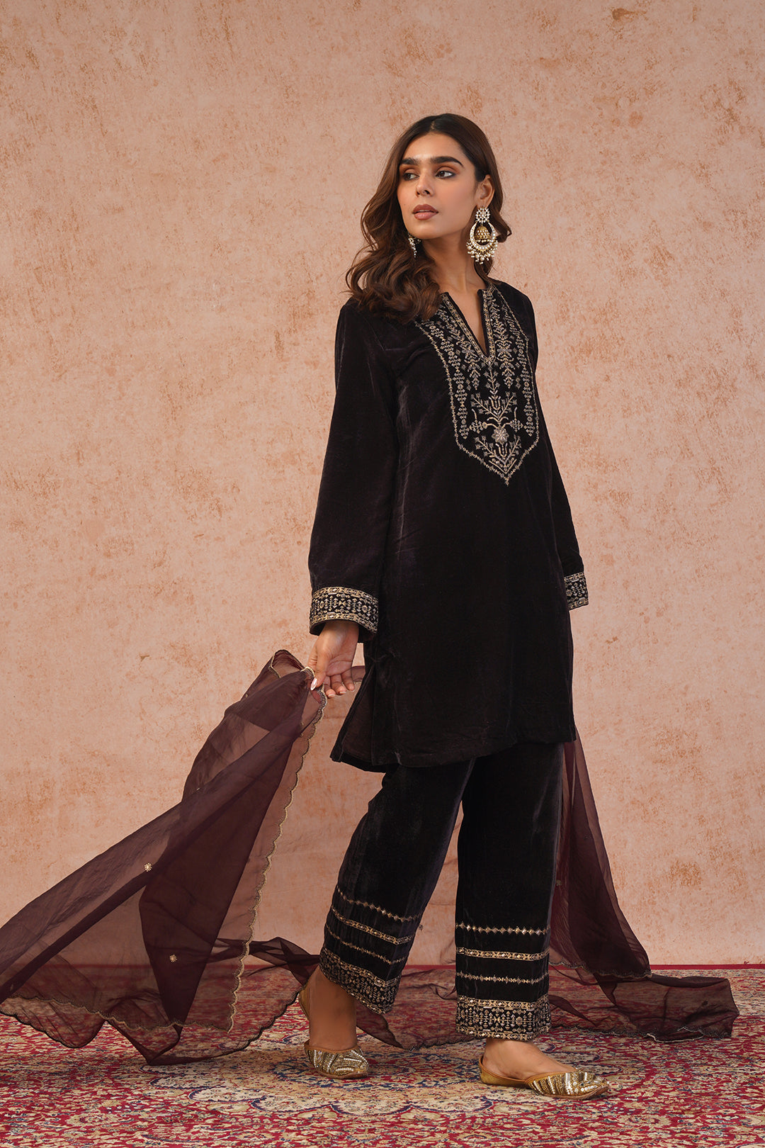  Regal Brown Velvet Suit Set With Dupatta