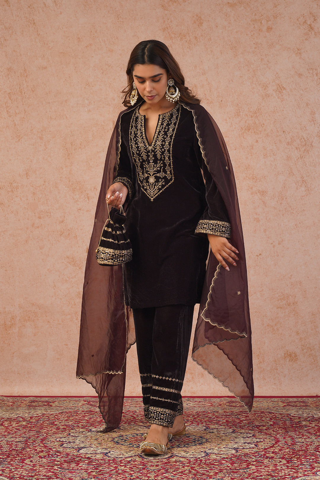  Regal Brown Velvet Suit Set With Dupatta