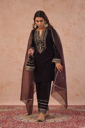 Regal Brown Velvet Suit Set With Dupatta