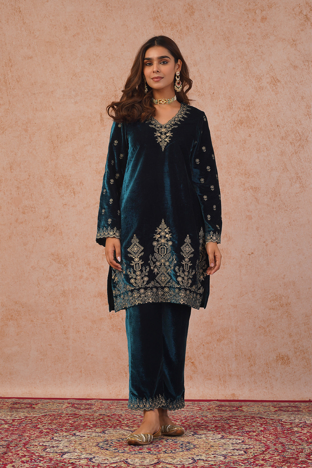 Teal Blue Velvet Embroidered Suit- Inching India