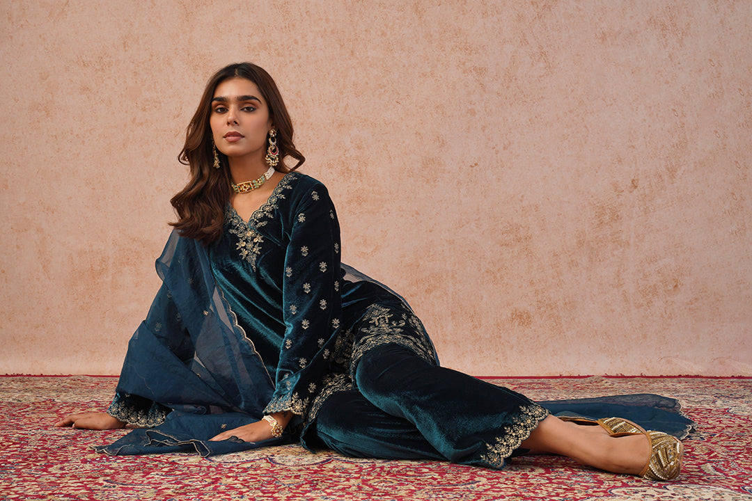 Teal Blue Velvet Embroidered Suit- Inching India