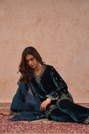 Teal Blue Velvet Embroidered Suit- Inching India