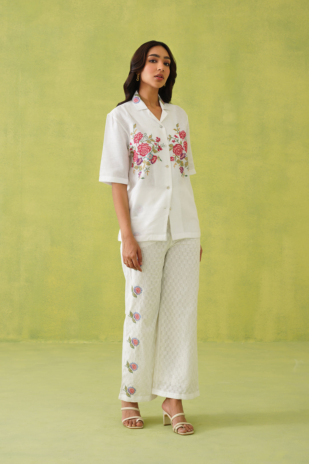 Ivory Blossom Cross Stitch Embroidered Top For Women-inching india
