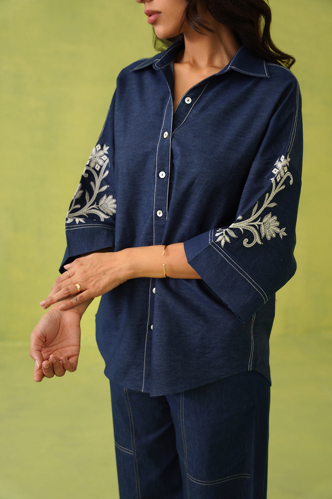 Noor Denim Embroidered Coord Set- Inching India