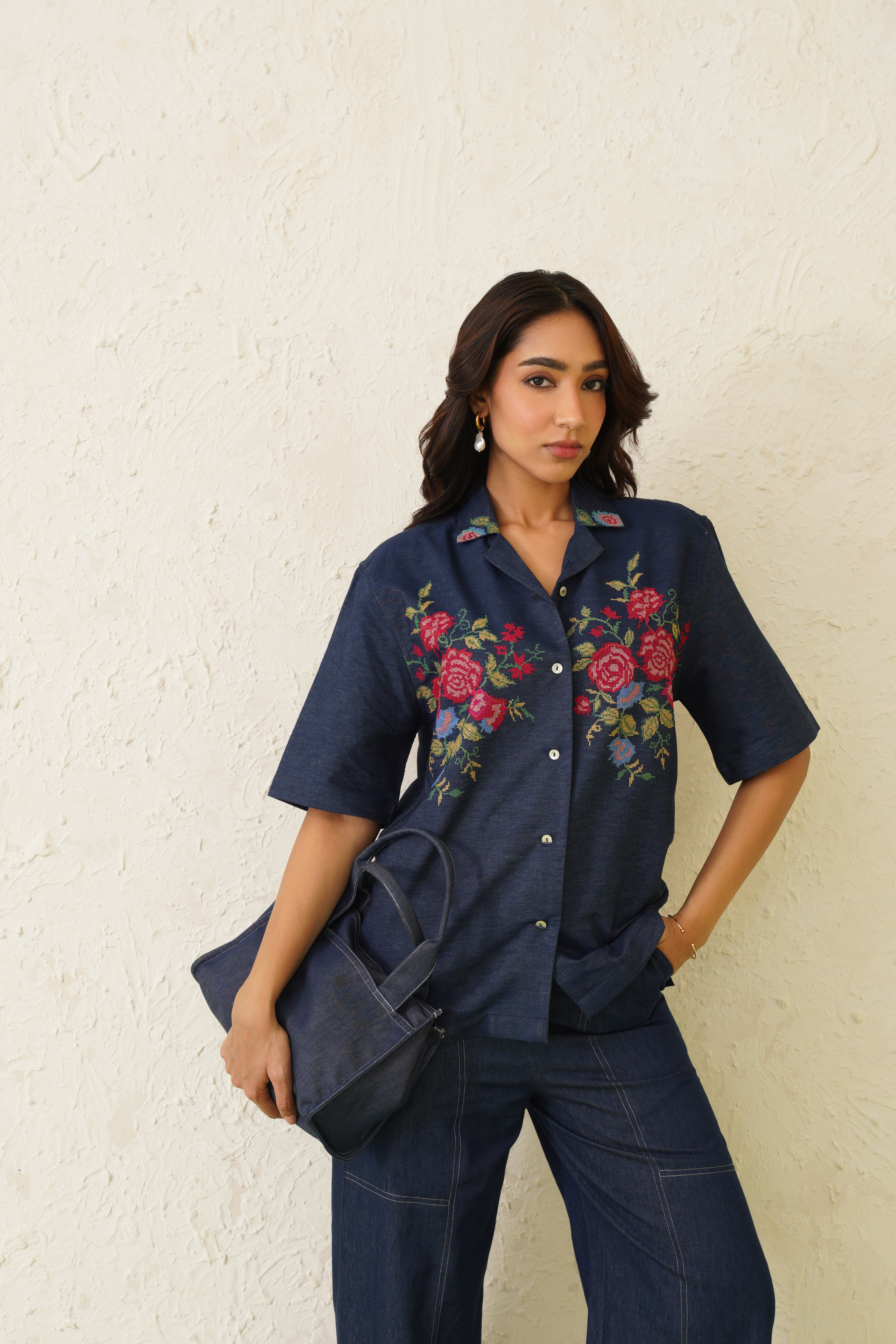 Indigo Bloom Denim Top For Women-inching india