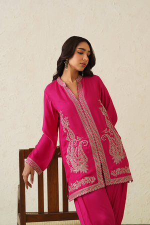 Hot Pink Paisley Embroidered Dhoti Set- Inchingindia