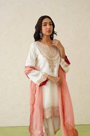 Noor Cream Embroidered Set with Organza Dupatta- Inching India