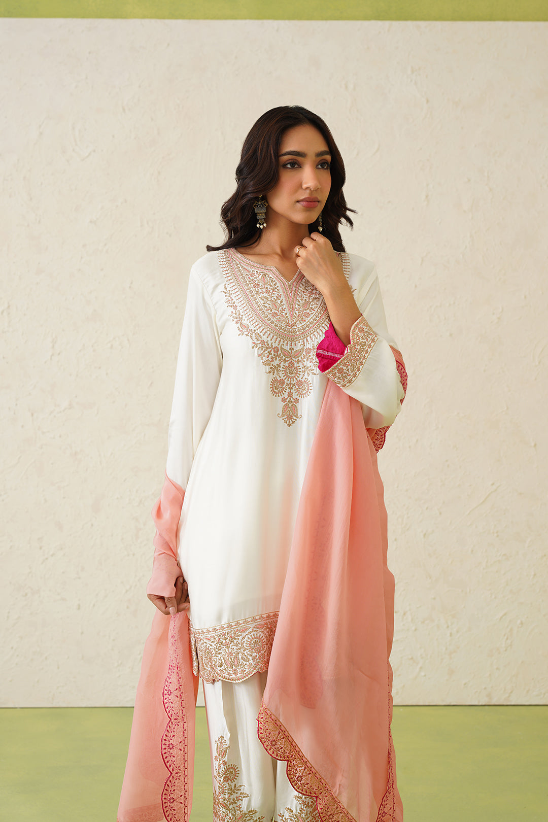 Noor Cream Embroidered Set with Organza Dupatta- Inching India