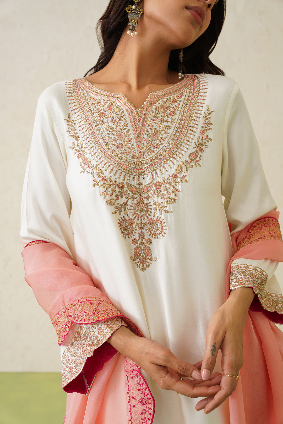 Noor Cream Embroidered Set with Organza Dupatta- Inching India