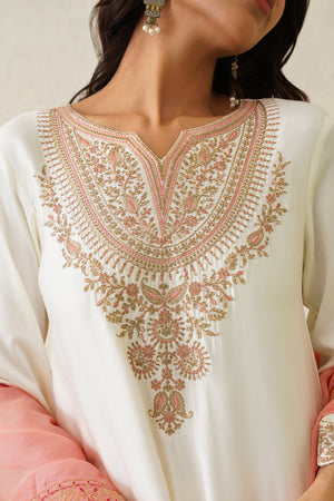 Noor Cream Embroidered Set with Organza Dupatta- Inching India