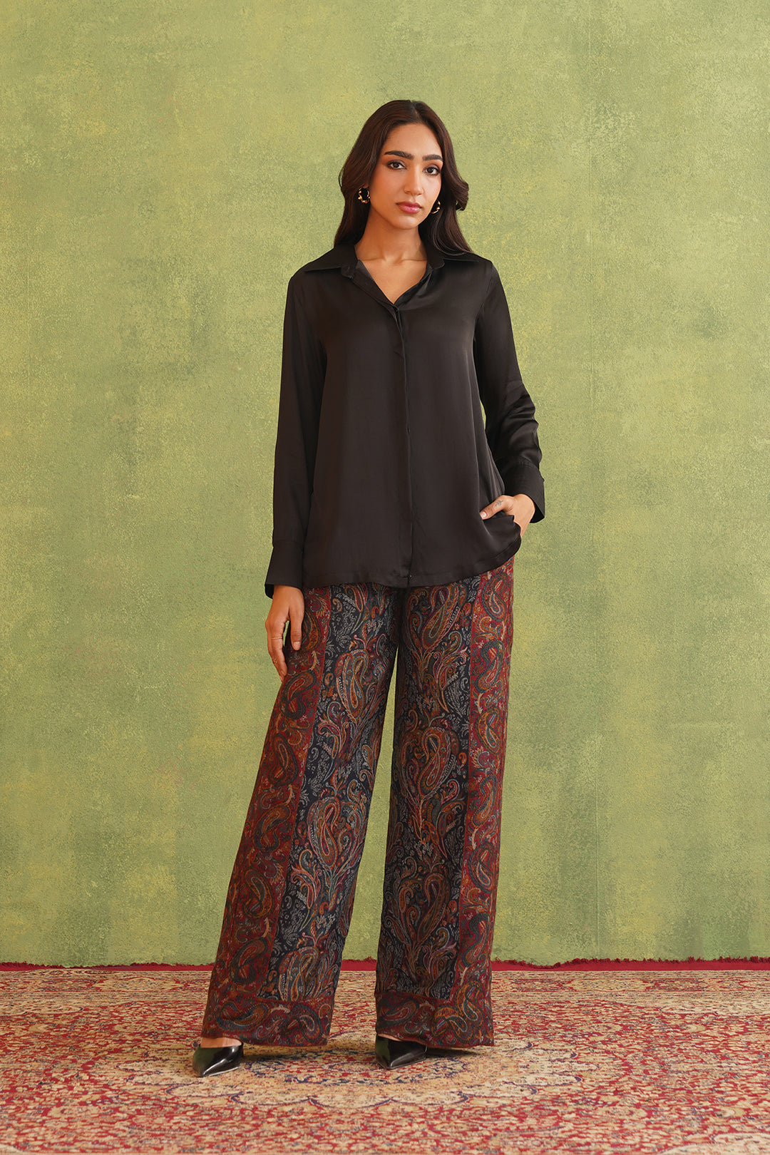 Black Top with Paisley Woven Pants-Inching India