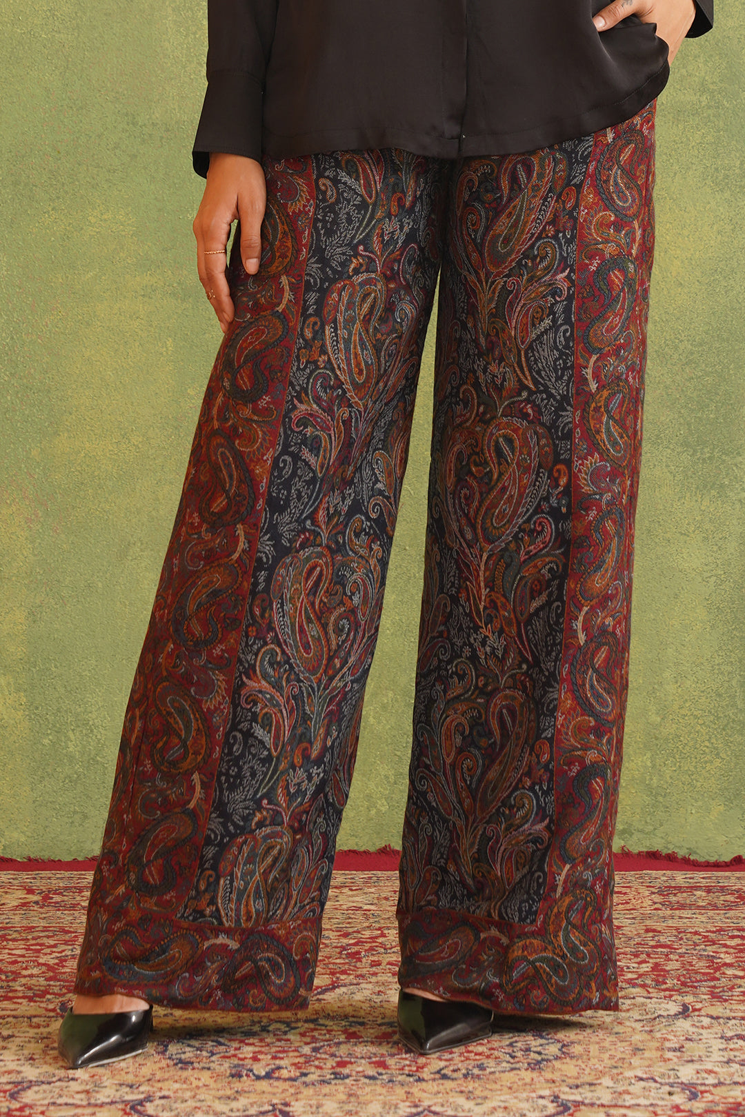 Black Top with Paisley Woven Pants-Inching India