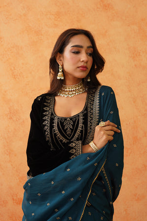 Black Velvet Embroidered Suit with Teal Contrast Dupatta- Inching India