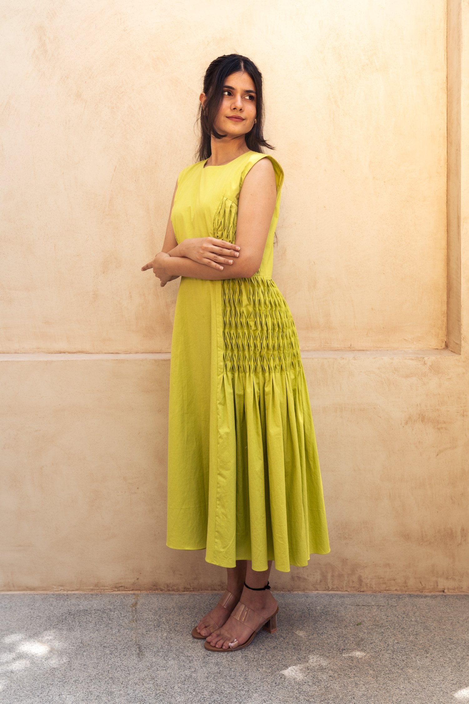 Lemon green Smocking Midi Dress