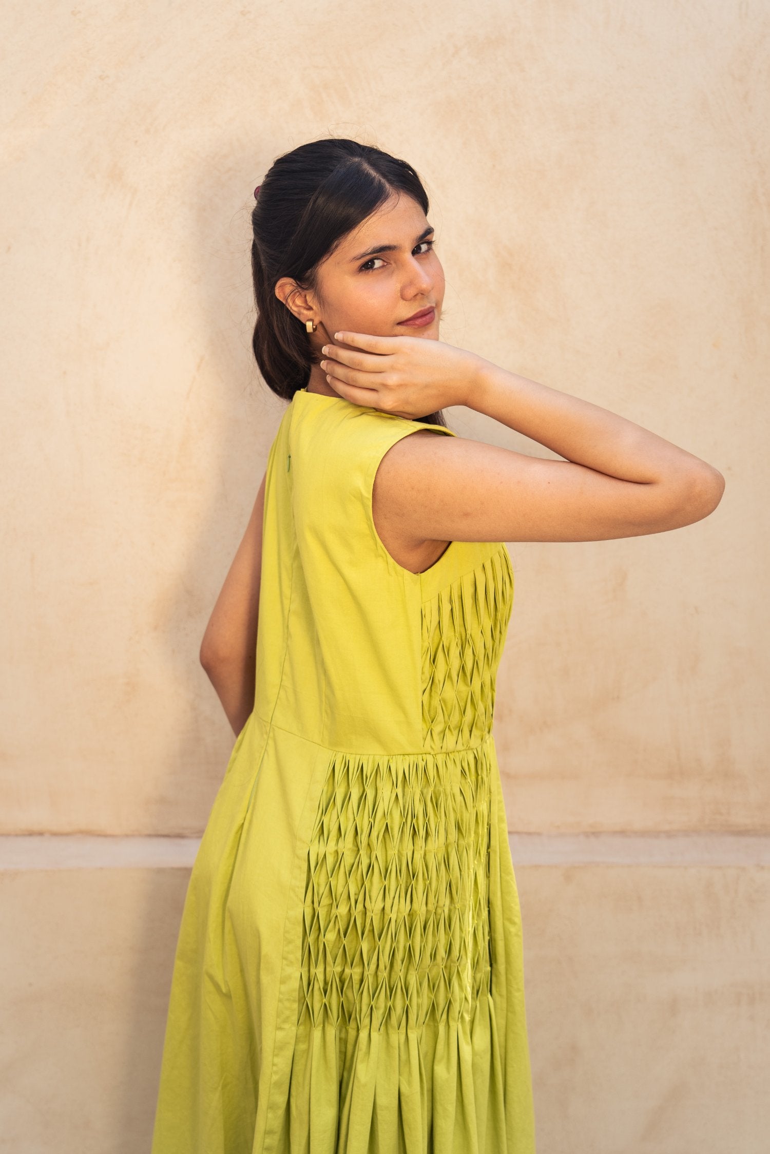 Lemon green Smocking Midi Dress