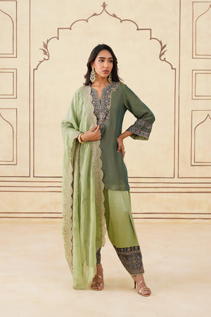 Green Crush Tissue Hand Embroidered Set with Organza Dupatta-Inching India 