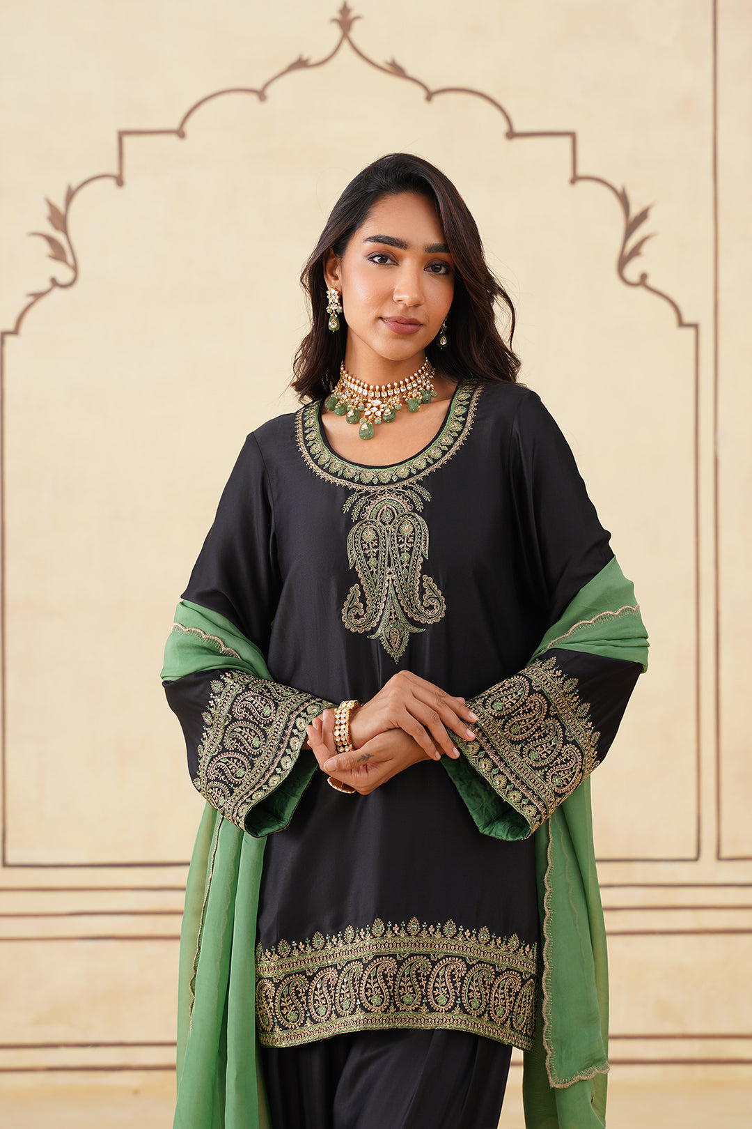 Black Embroidered Set with Green Organza Dupatta-Inching India 