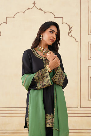 Black Embroidered Set with Green Organza Dupatta-Inching India 