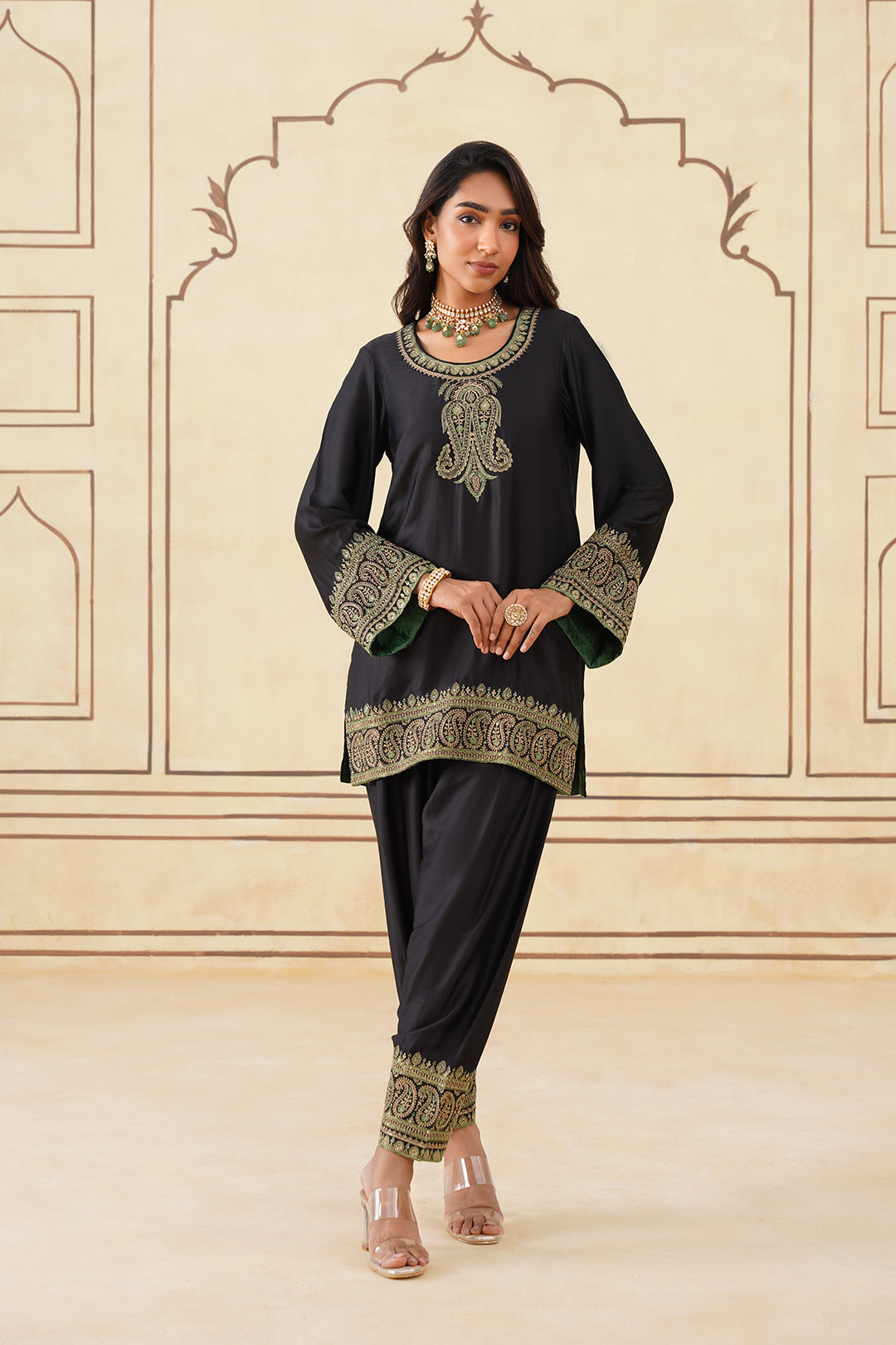 Black Embroidered Set with Green Organza Dupatta-Inching India 