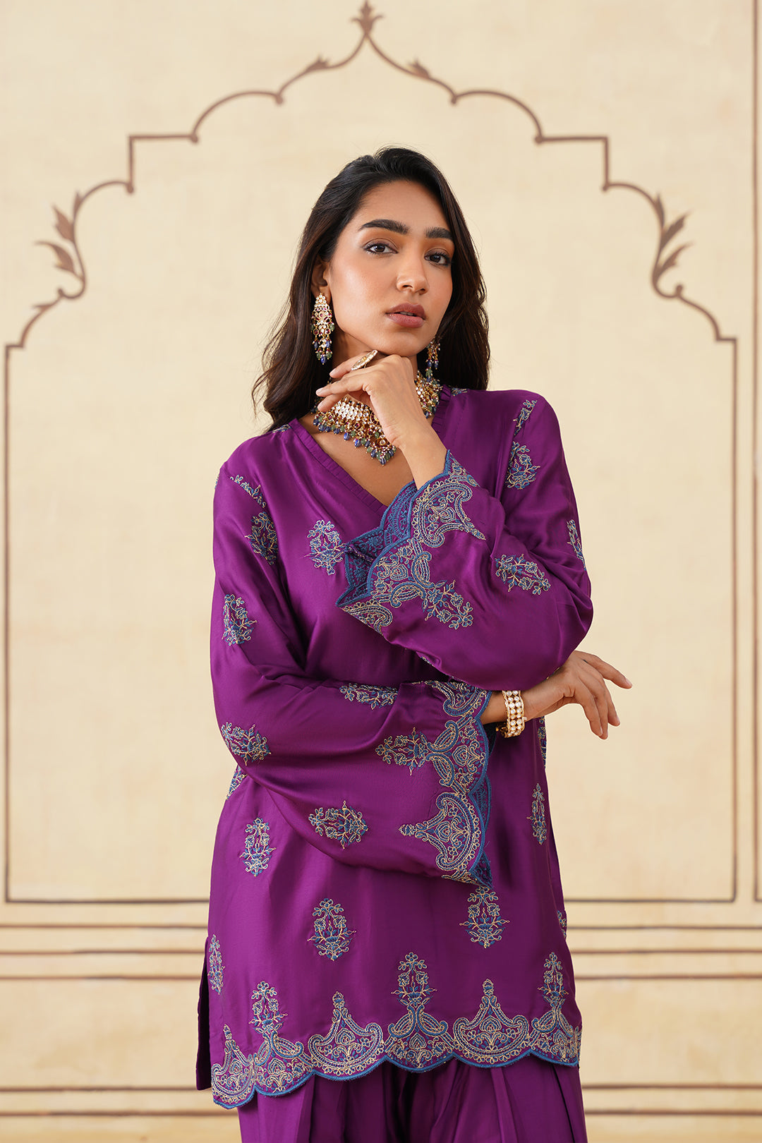 Meher Wine Embroidered Farshi Set with Dupatta-Inching India