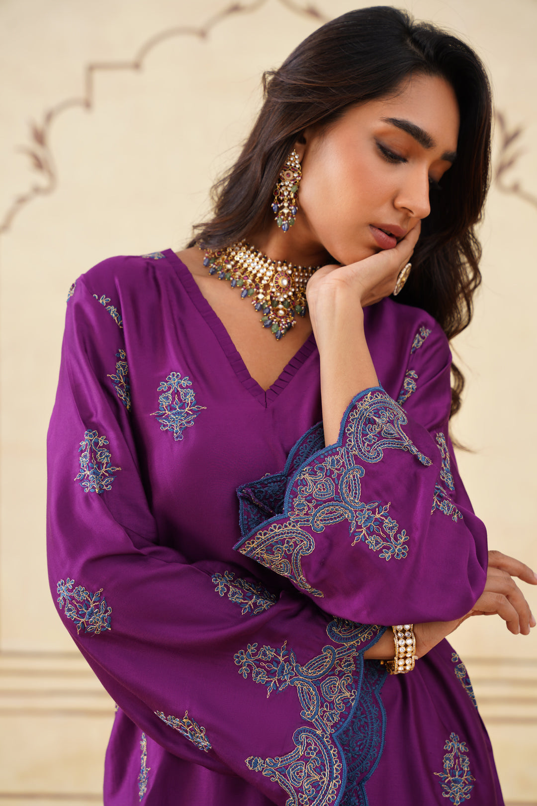 Meher Wine Embroidered Farshi Set with Dupatta-Inching India