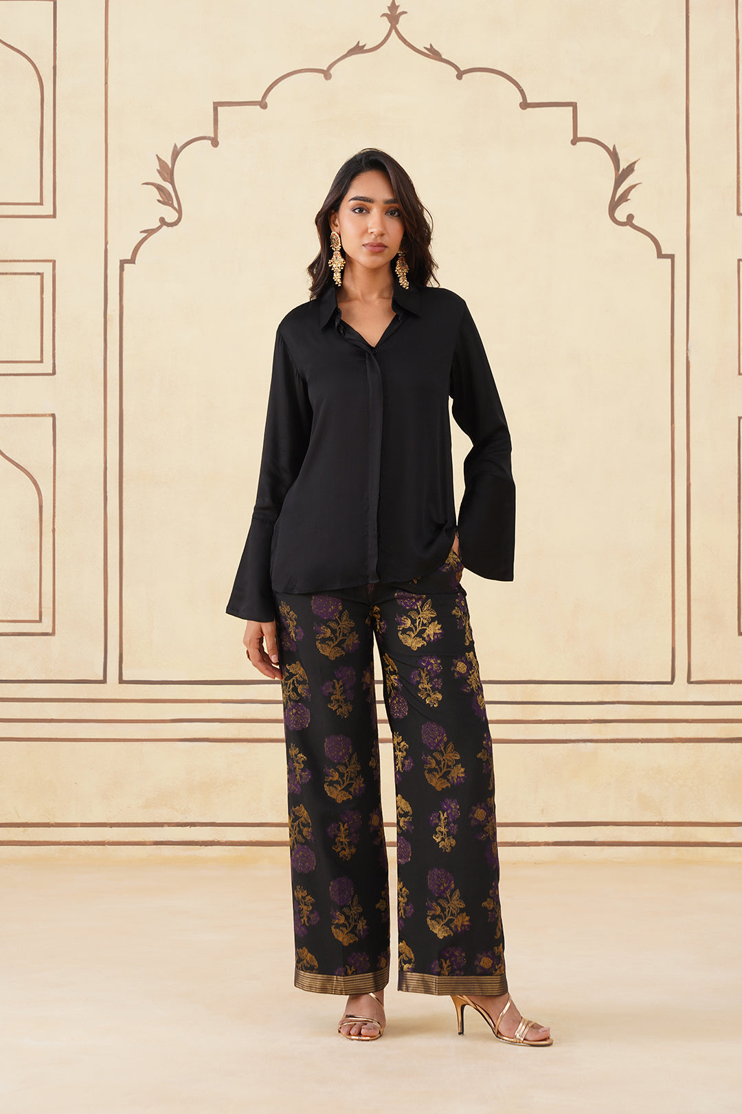 Meher Black Shirt with Brocade Pants-Inching India 