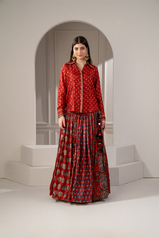 Brick Red Sharting Silk Printed Indo Western Set