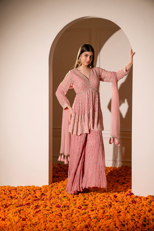 Flamingo Pink Georgette Sequinned Indo Western Set with Mirror Embellishments