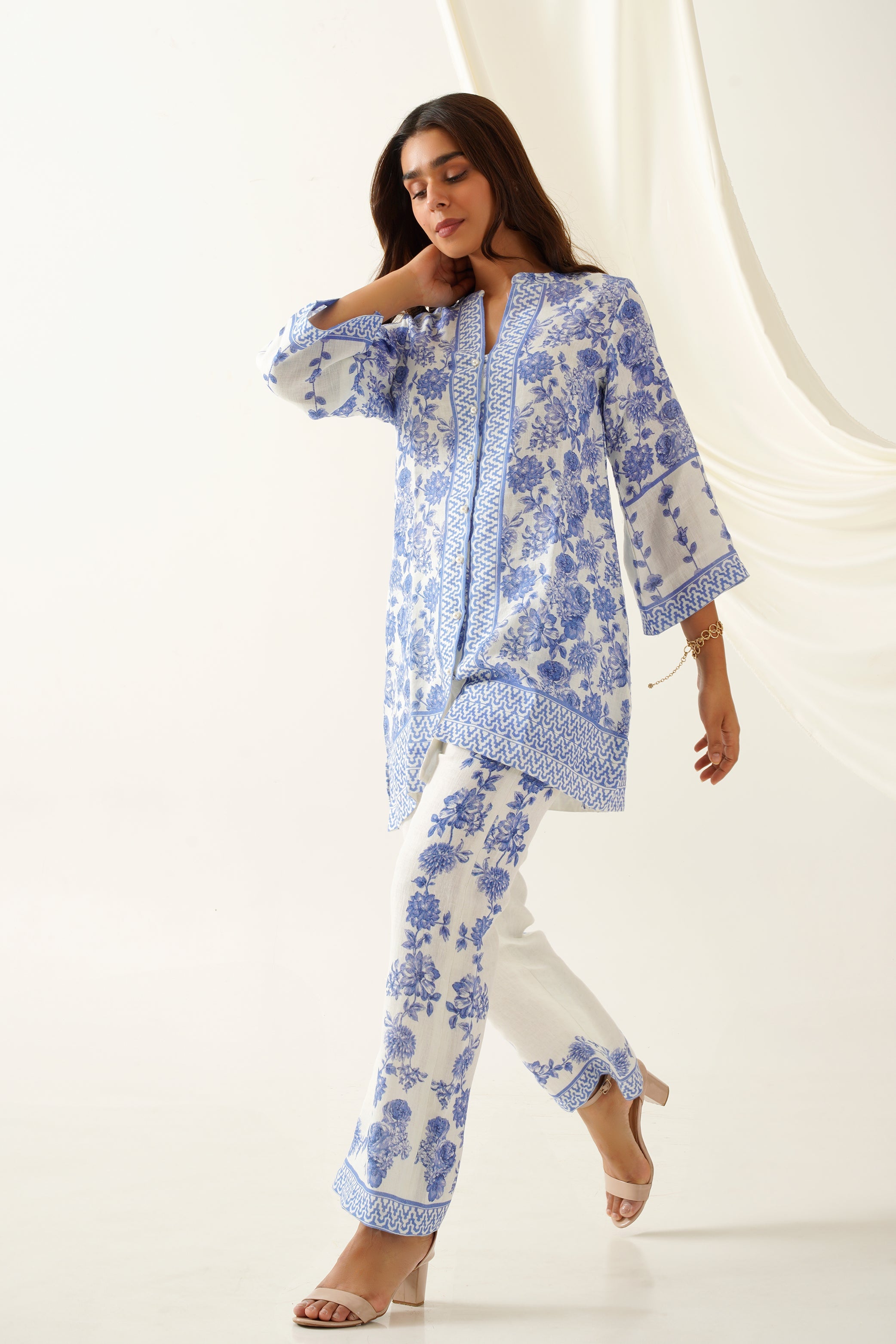 Blue Printed Linen Set