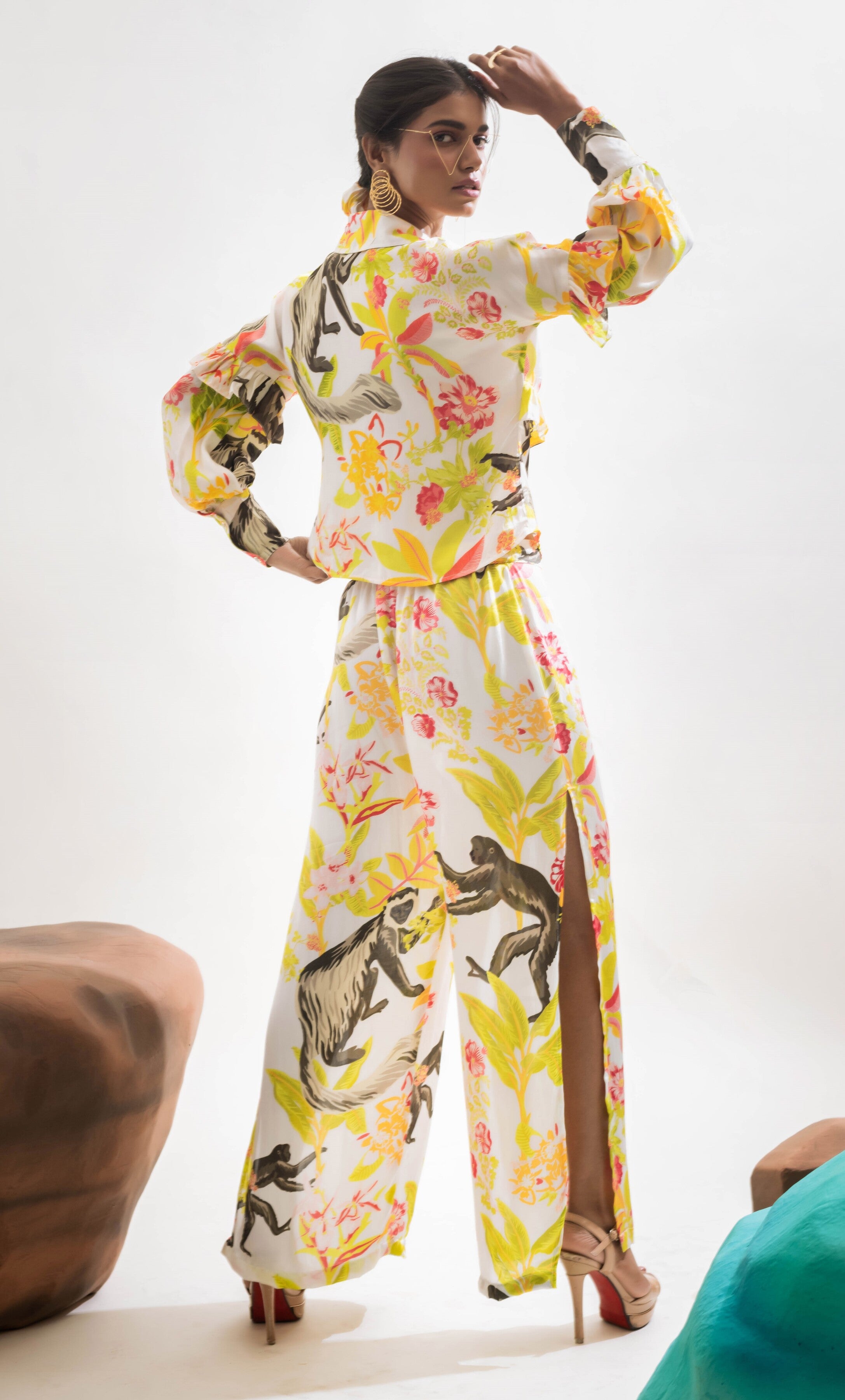 Frill Shirt & Slit Pants Co-ord Set