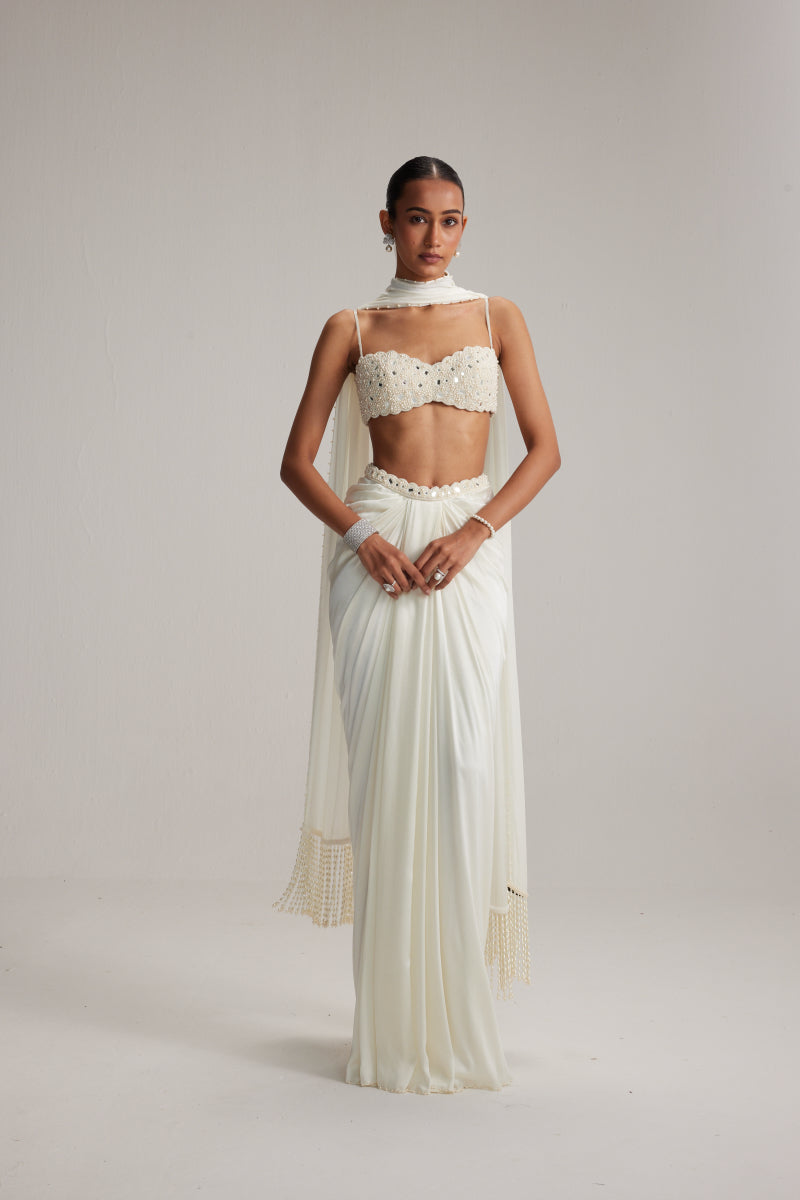 Off White Satin Draped Skirt Set