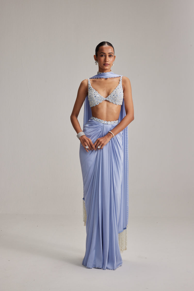 Dew Blue Satin Draped Skirt Set