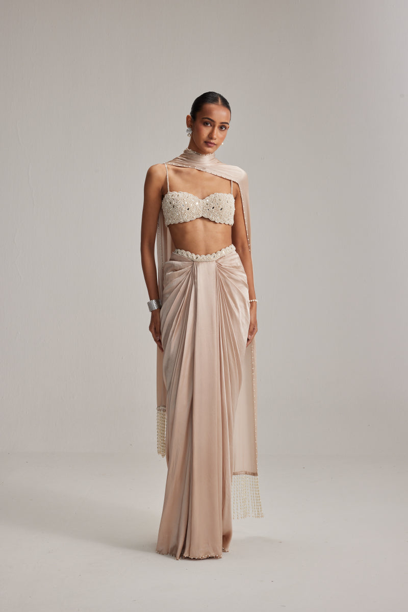 Light Beige Satin draped skirt set