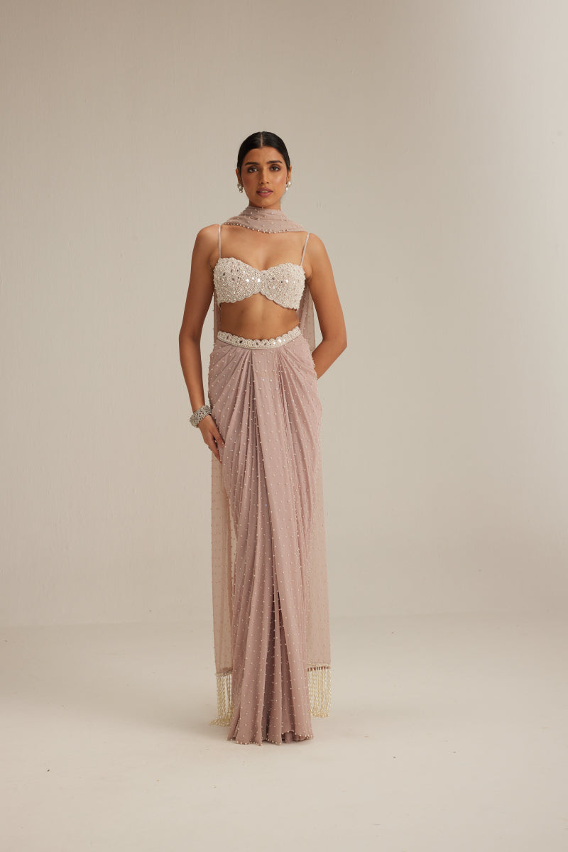 Ash pink Pearl Scattered draped skirt set