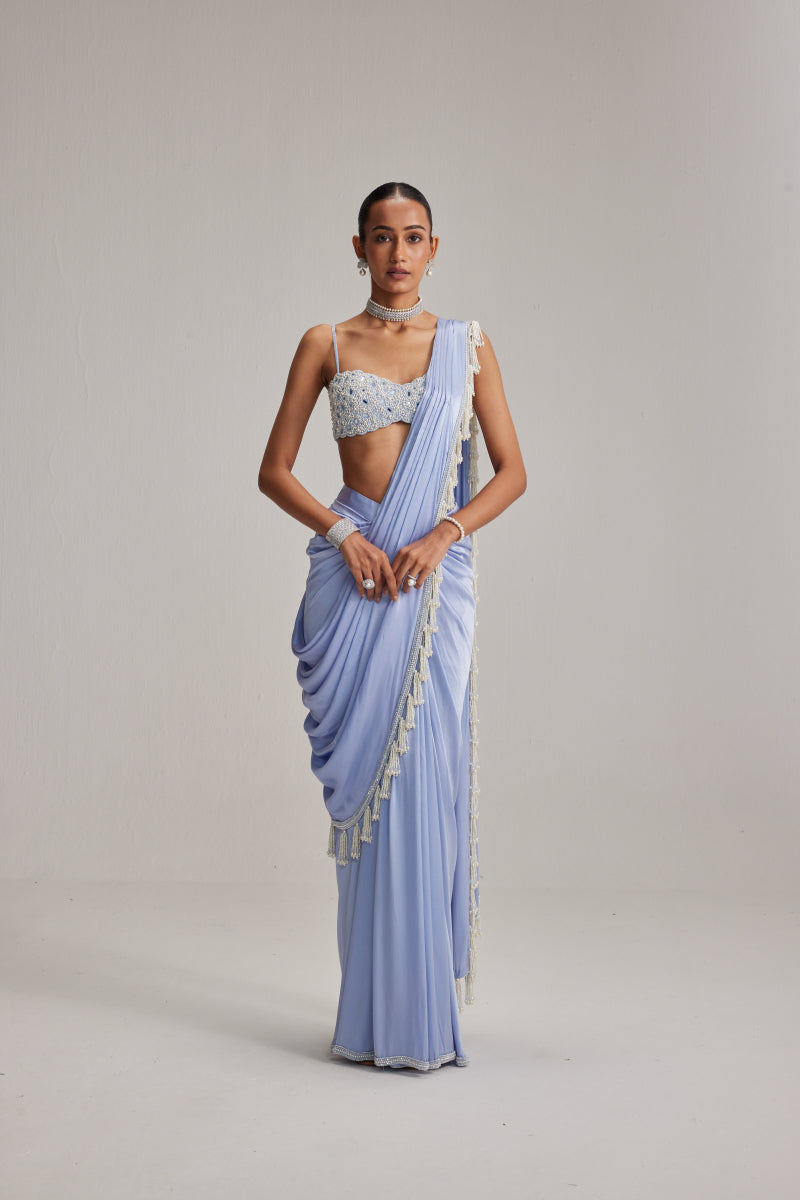 Dew Blue Satin Draped Saree Set