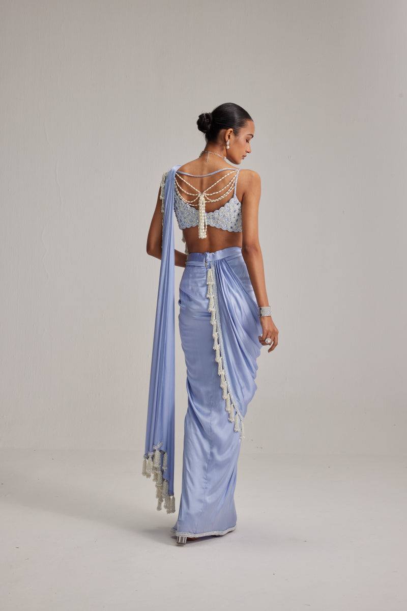 Dew Blue Satin Draped Saree Set