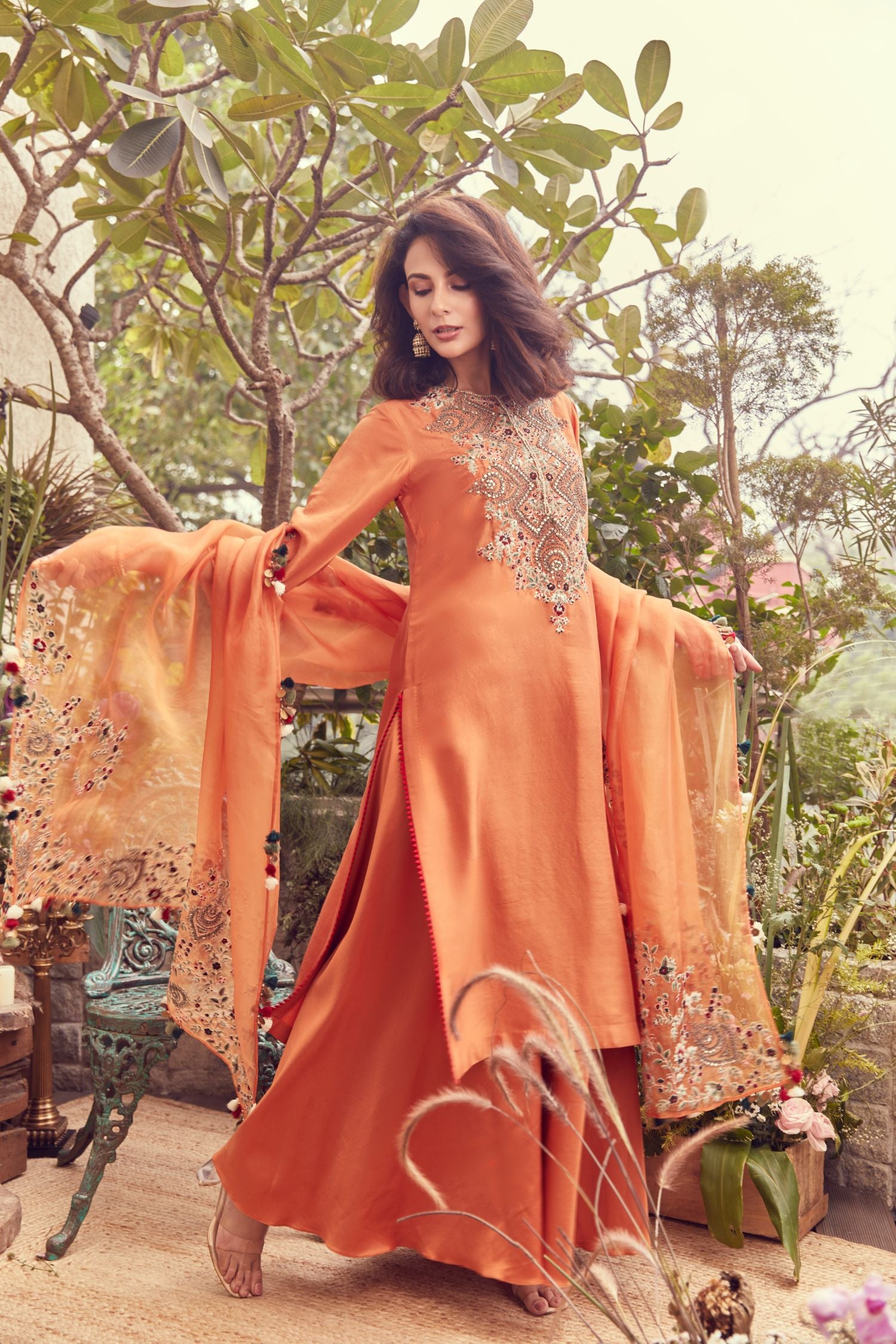 Silk Kurta With Satin Sharara And Organza Dupatta