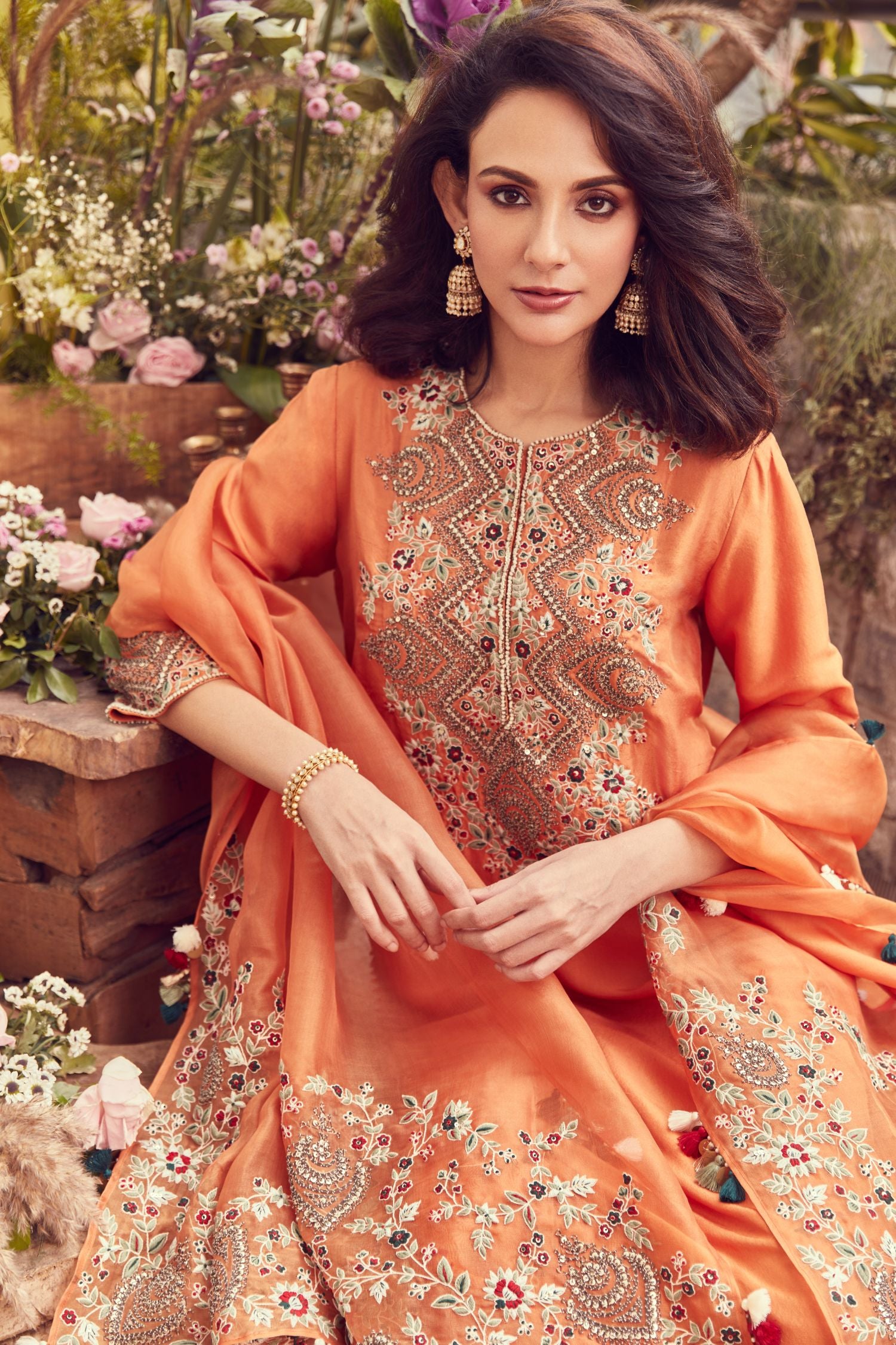 Silk Kurta With Satin Sharara And Organza Dupatta